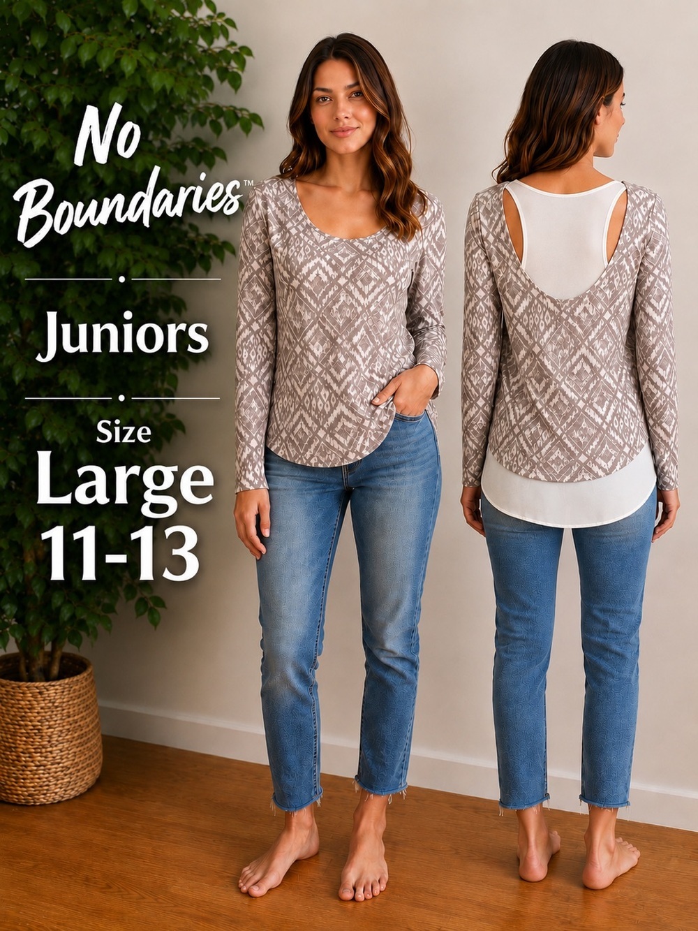 No Boundaries Juniors Layered Aztec Print Long Sleeve Top Size Large 11-13